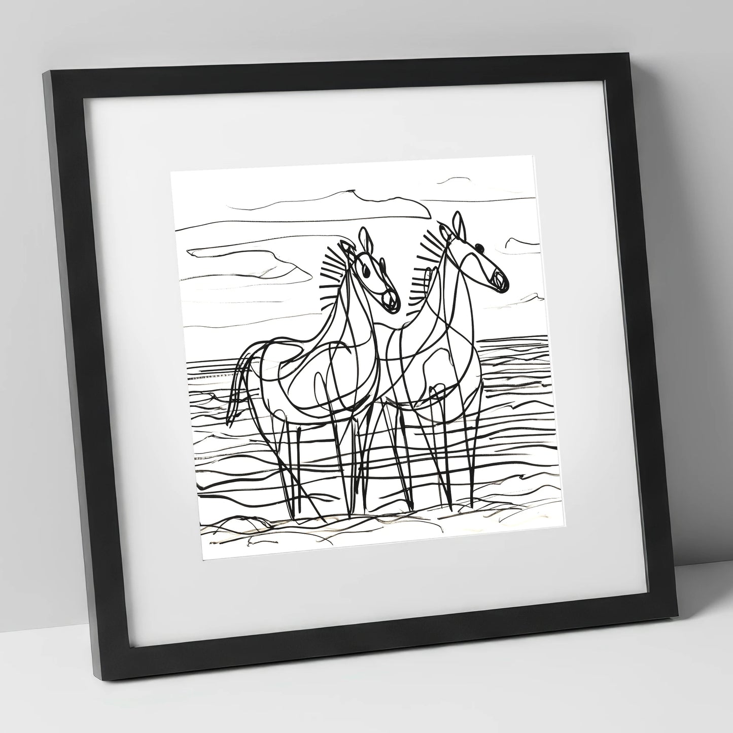 Linear Equine Companions horse landscape art print in black frame