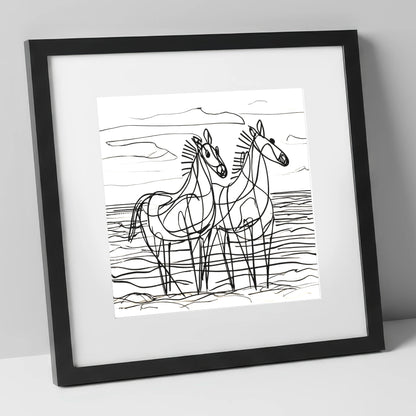 Linear Equine Companions horse landscape art print in black frame