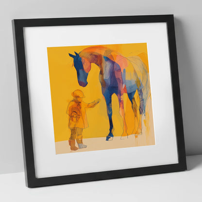 First Encounter in Gold horse & rider art print in black frame