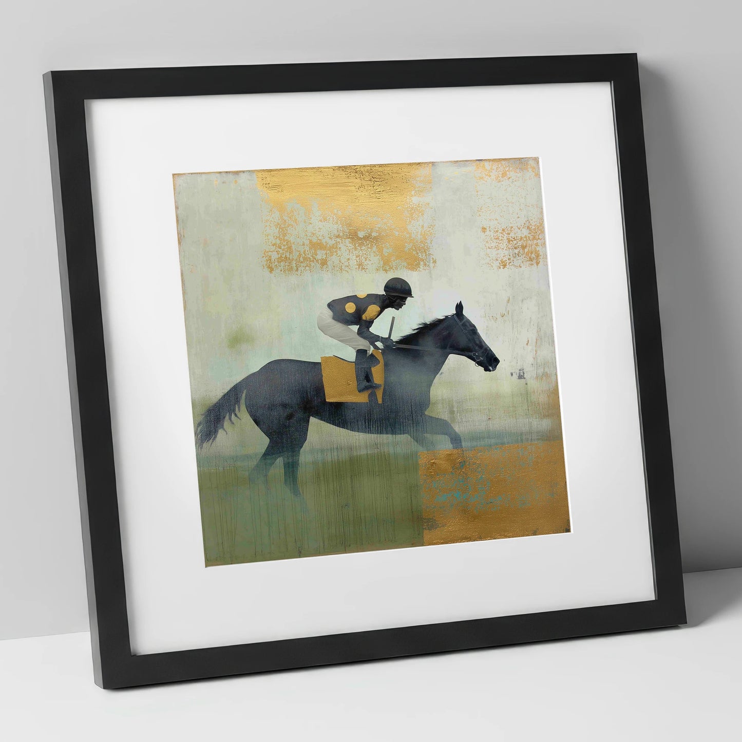 The Gilded Gallop racing horse art print in black frame