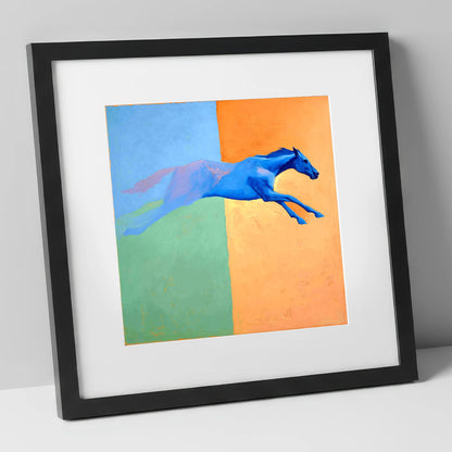 Cobalt Stretch racing horse art print in black frame
