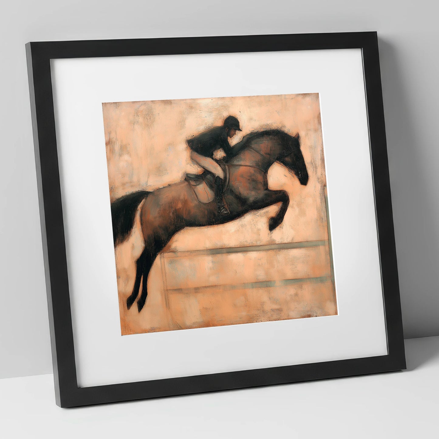 Suspended in Flight show jumping horse art print in black frame