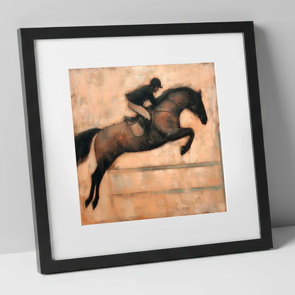 Suspended in Flight show jumping horse art print in black frame