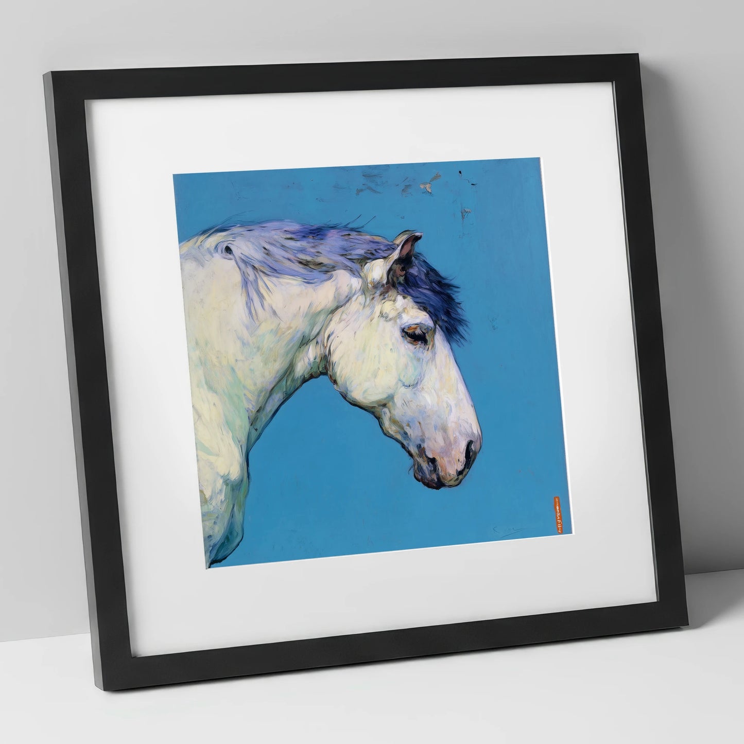 The Azure Grey horse portrait art print in black frame