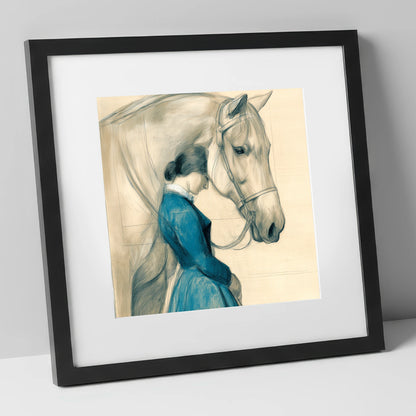 Solace in Stillness horse & rider art print in black frame