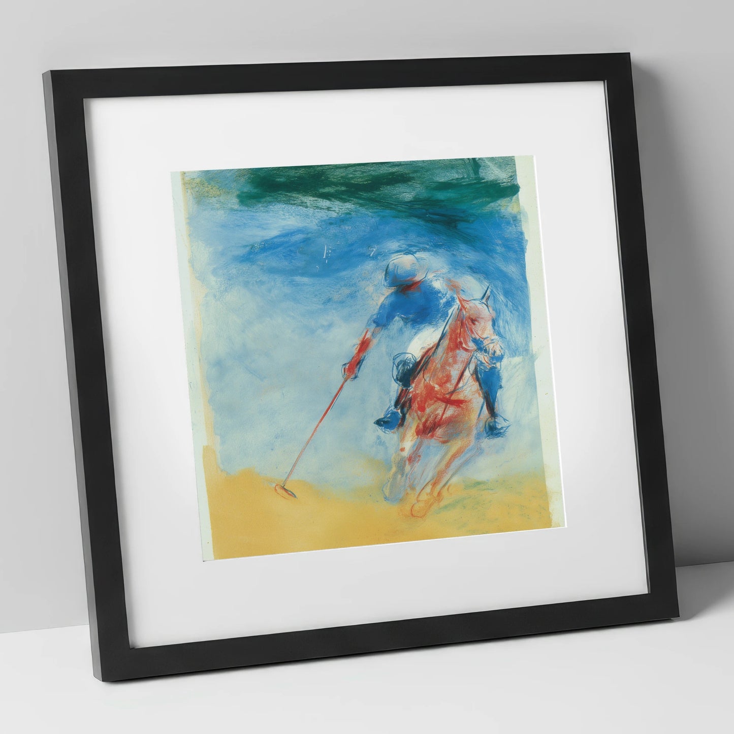 Velocity in Cerulean polo horse art print in black frame