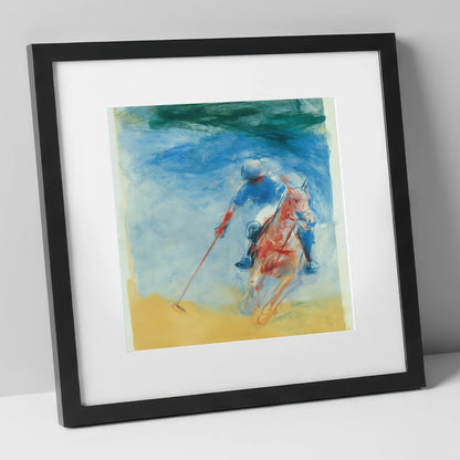 Velocity in Cerulean polo horse art print in black frame