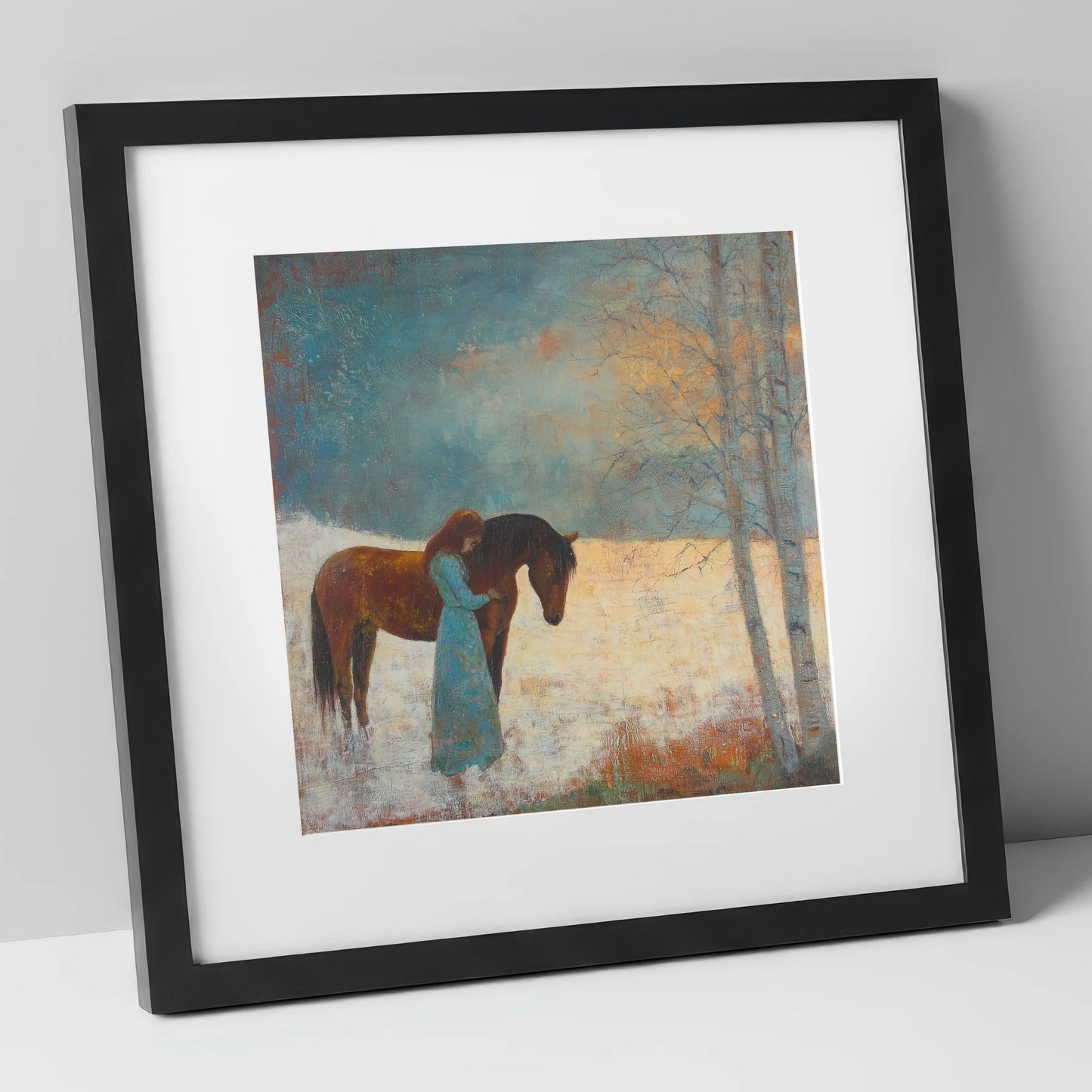 Whispers In Winter horse & rider art print in black frame