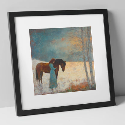 Whispers In Winter horse & rider art print in black frame
