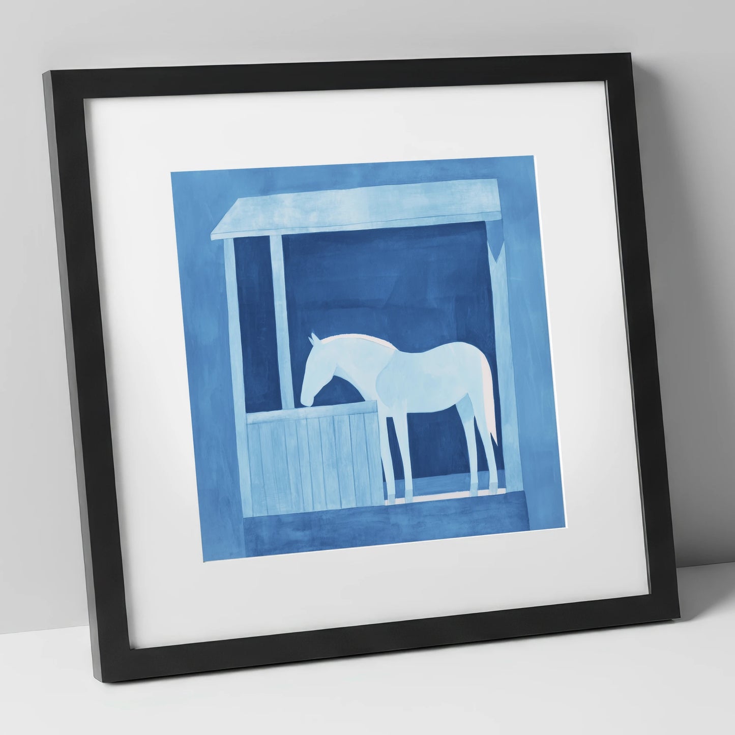 Indigo Solitude horse stable art print in black frame