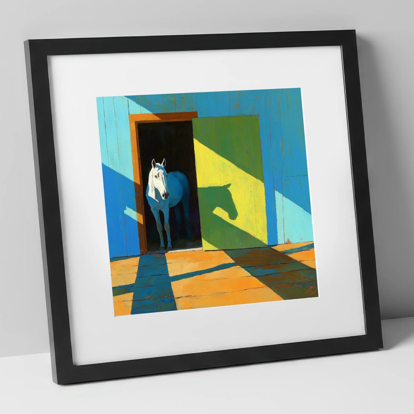 Sunlight and Silhouette horse stable art print in black frame