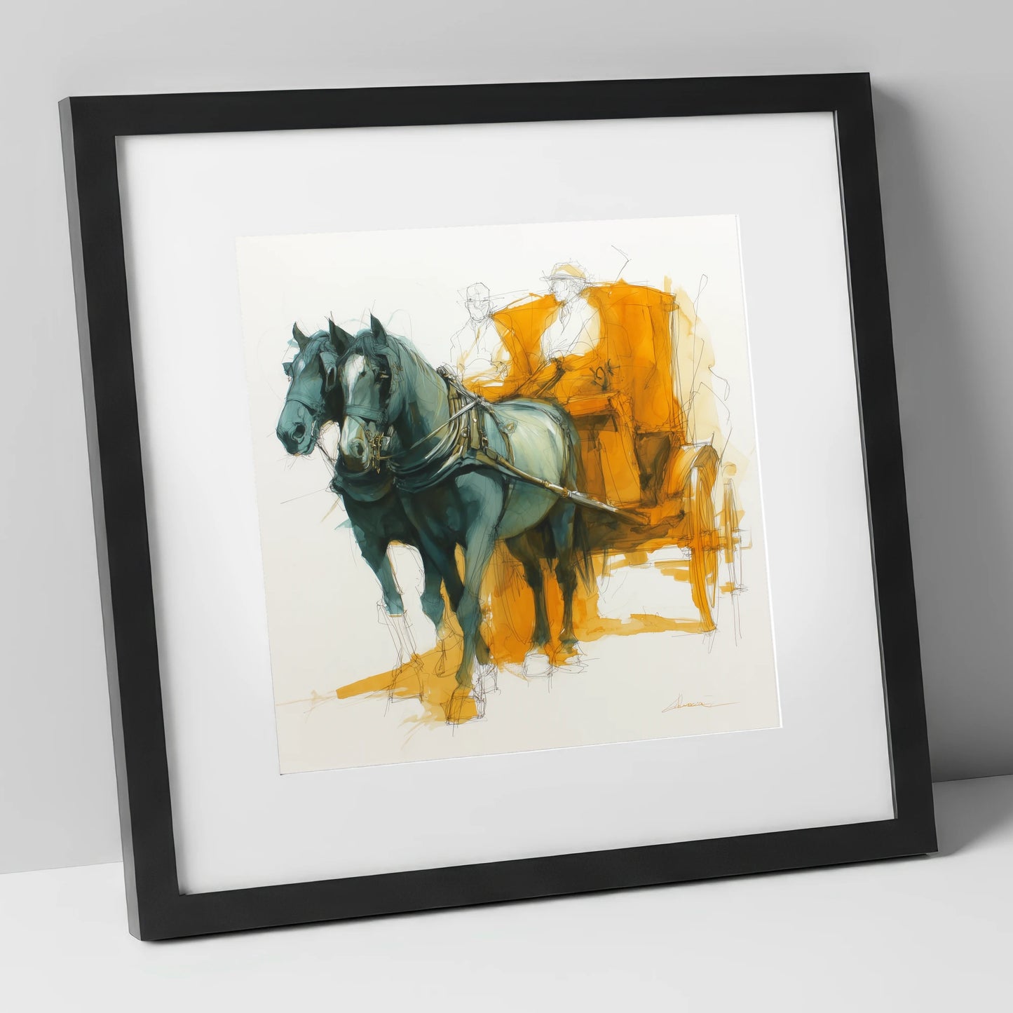 The Amber Carriage Pair working horse art print in black frame