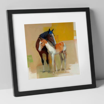 Vivid Bond mare & foal art print in black frame