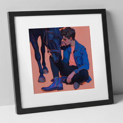 The Indigo Bond horse & rider art print in black frame