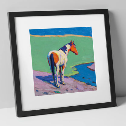 Vibrant Skewbald By The River horse breed art print in black frame