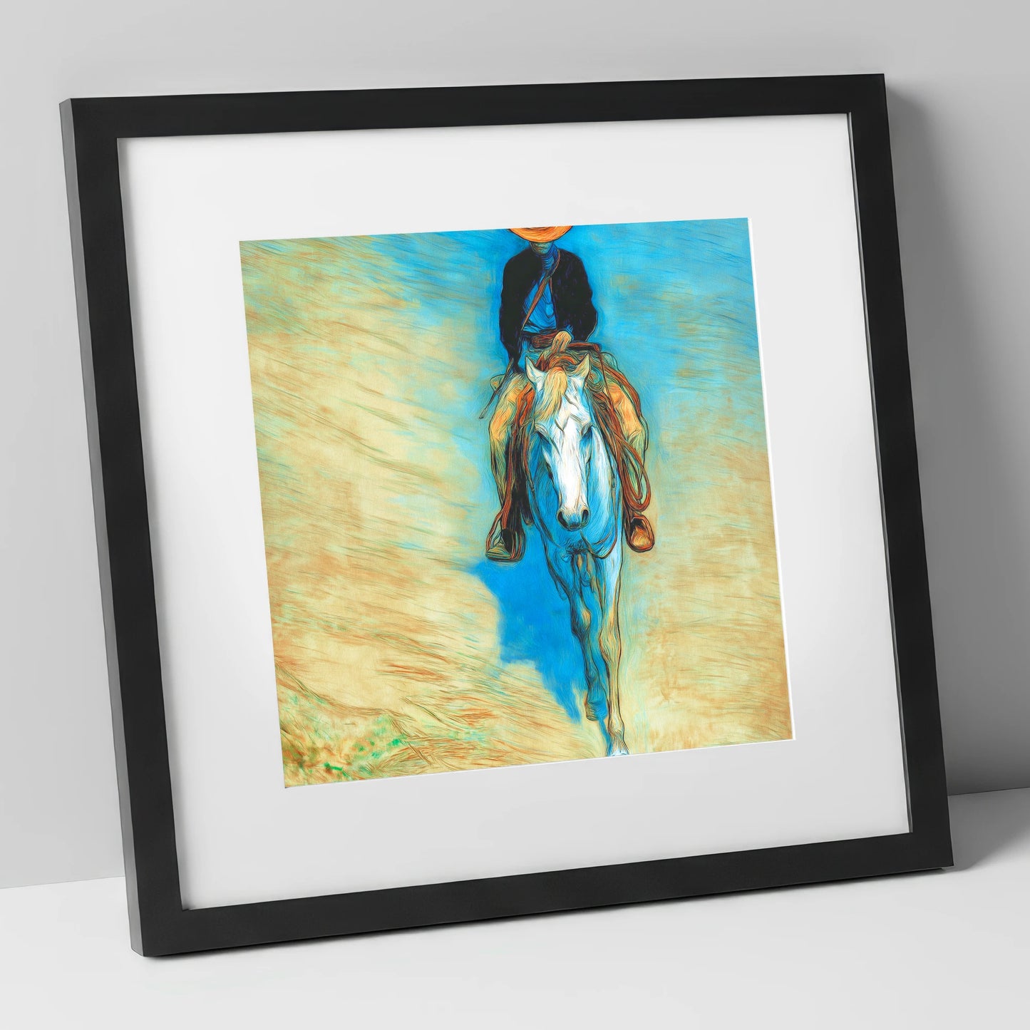 The Blue Trail Rider western horse art print in black frame