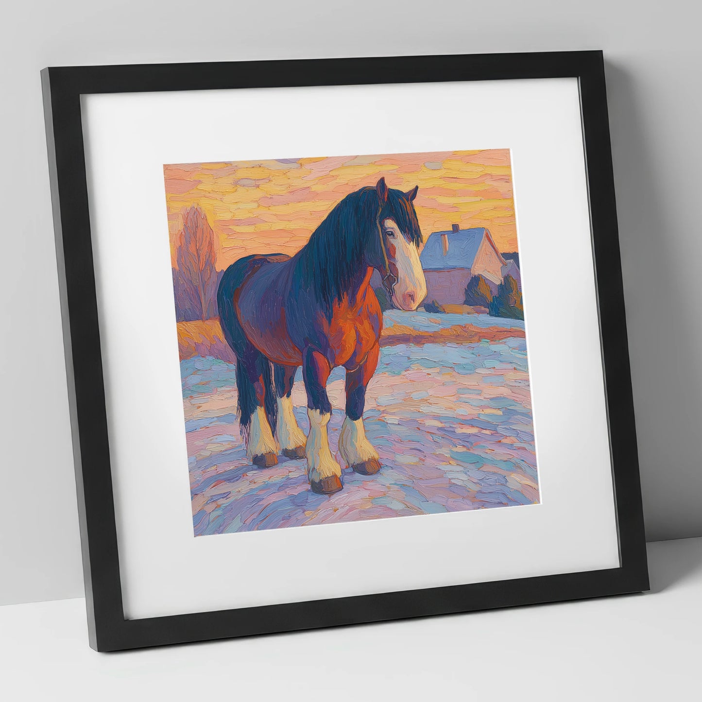Majestic Winter Shire horse breed art print in black frame