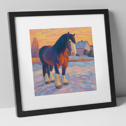 Majestic Winter Shire horse breed art print in black frame