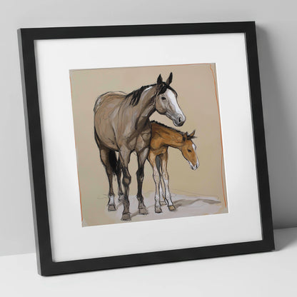 A Quiet Bond mare & foal art print in black frame