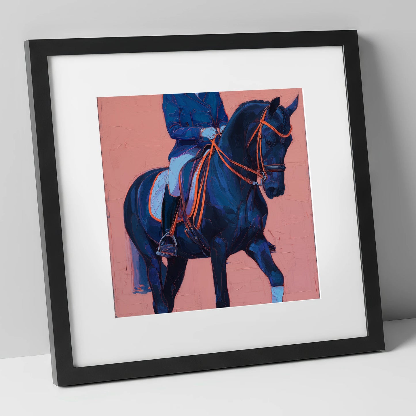 Indigo Dressage Rhythm dressage horse art print in black frame