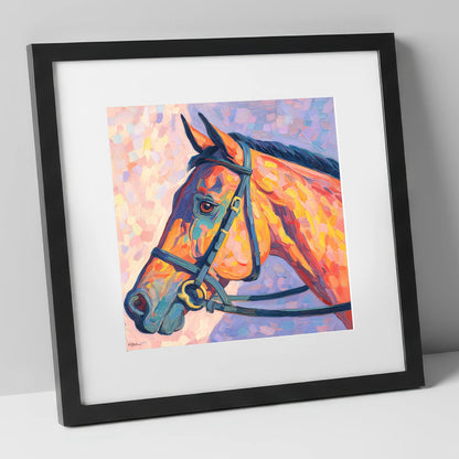 Vivid Equine Gaze racing horse art print in black frame