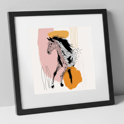 Contemporary Spotted Silhouette horse portrait art print in black frame