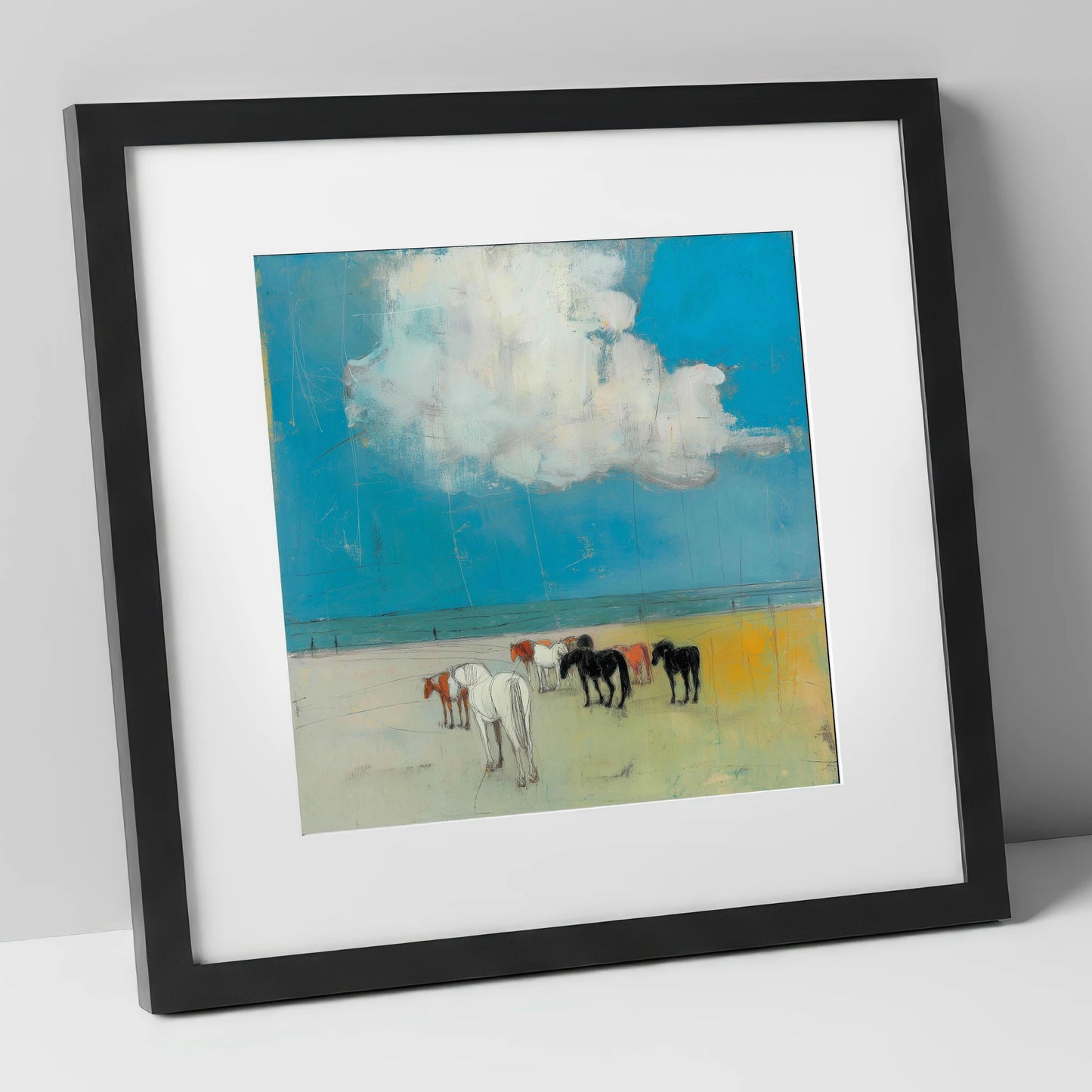 Turquoise Horizon Herd horse landscape art print in black frame