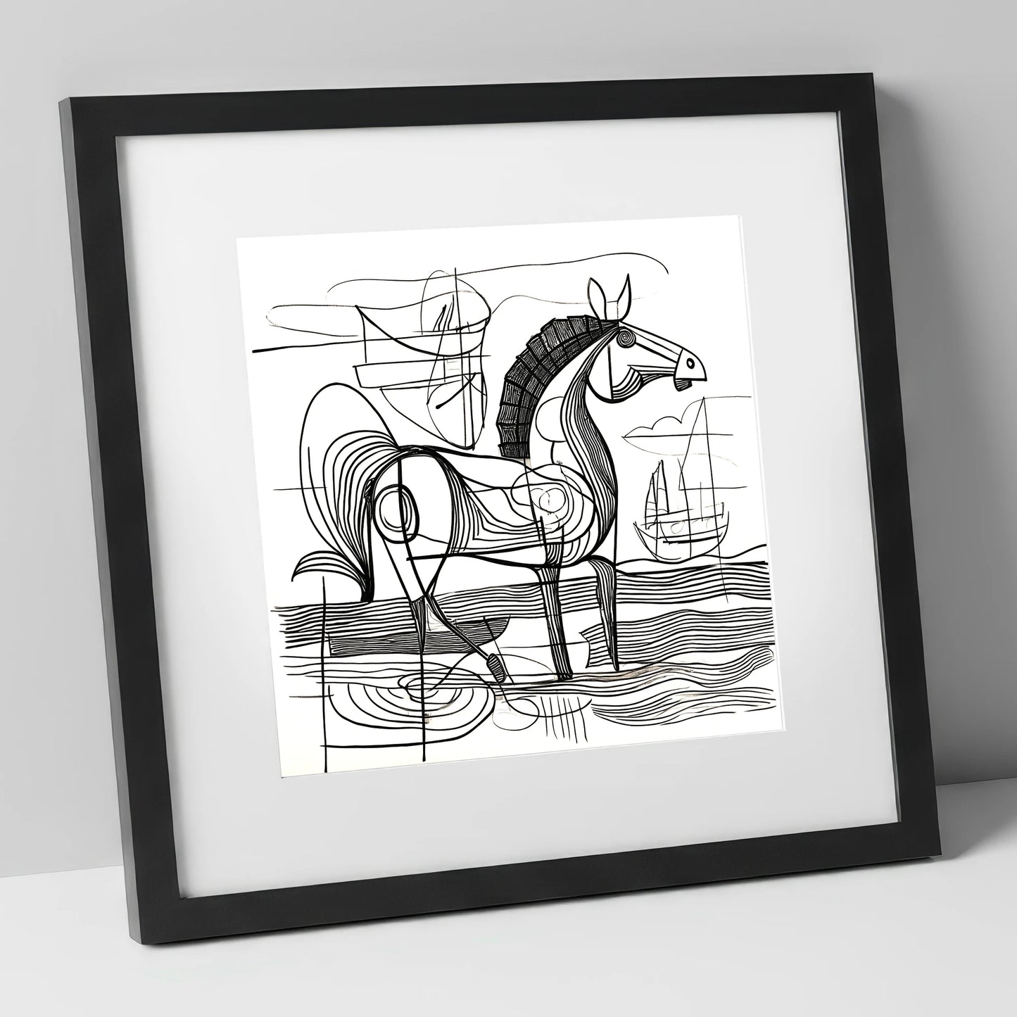 Abstract Coastal Equine beach horse art print in black frame