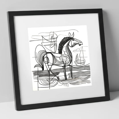 Abstract Coastal Equine beach horse art print in black frame