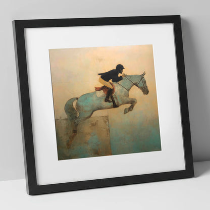 Turquoise Flight show jumping horse art print in black frame