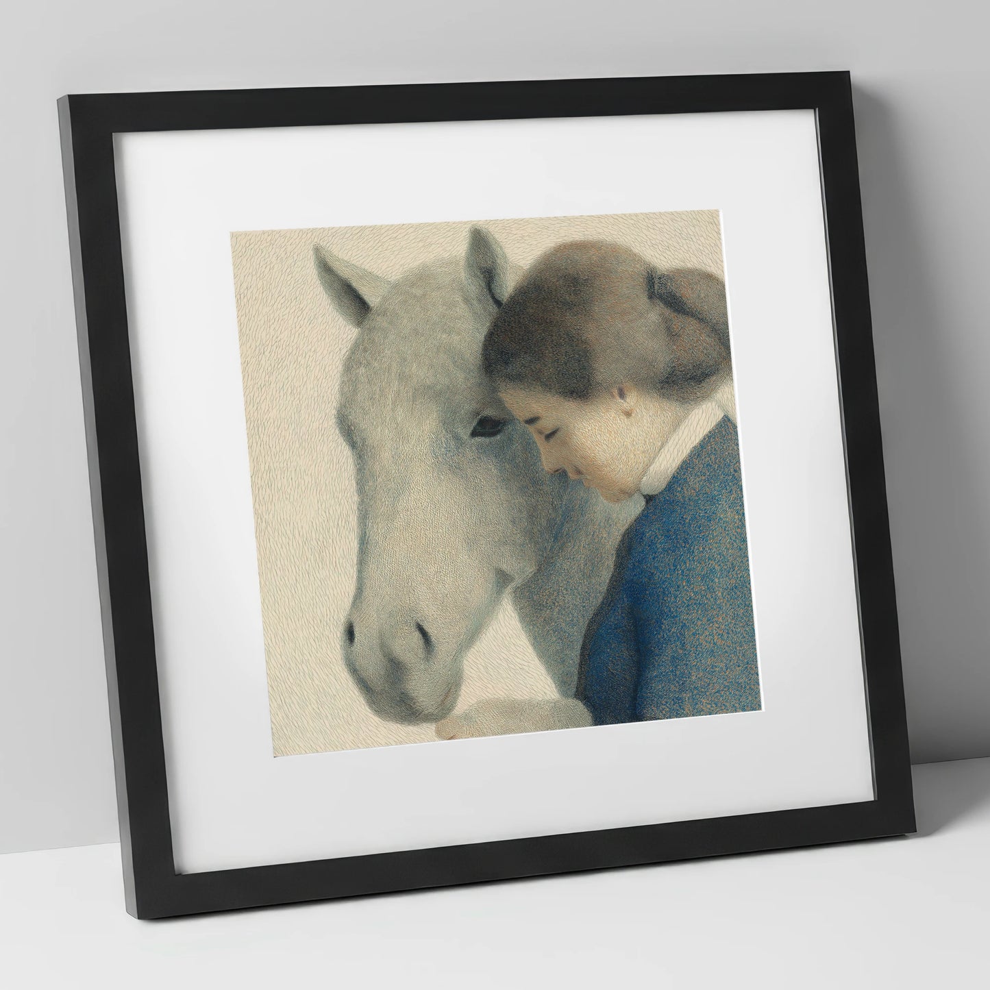 The Silent Understanding horse & rider art print in black frame