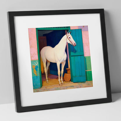 The Turquoise Door horse stable art print in black frame