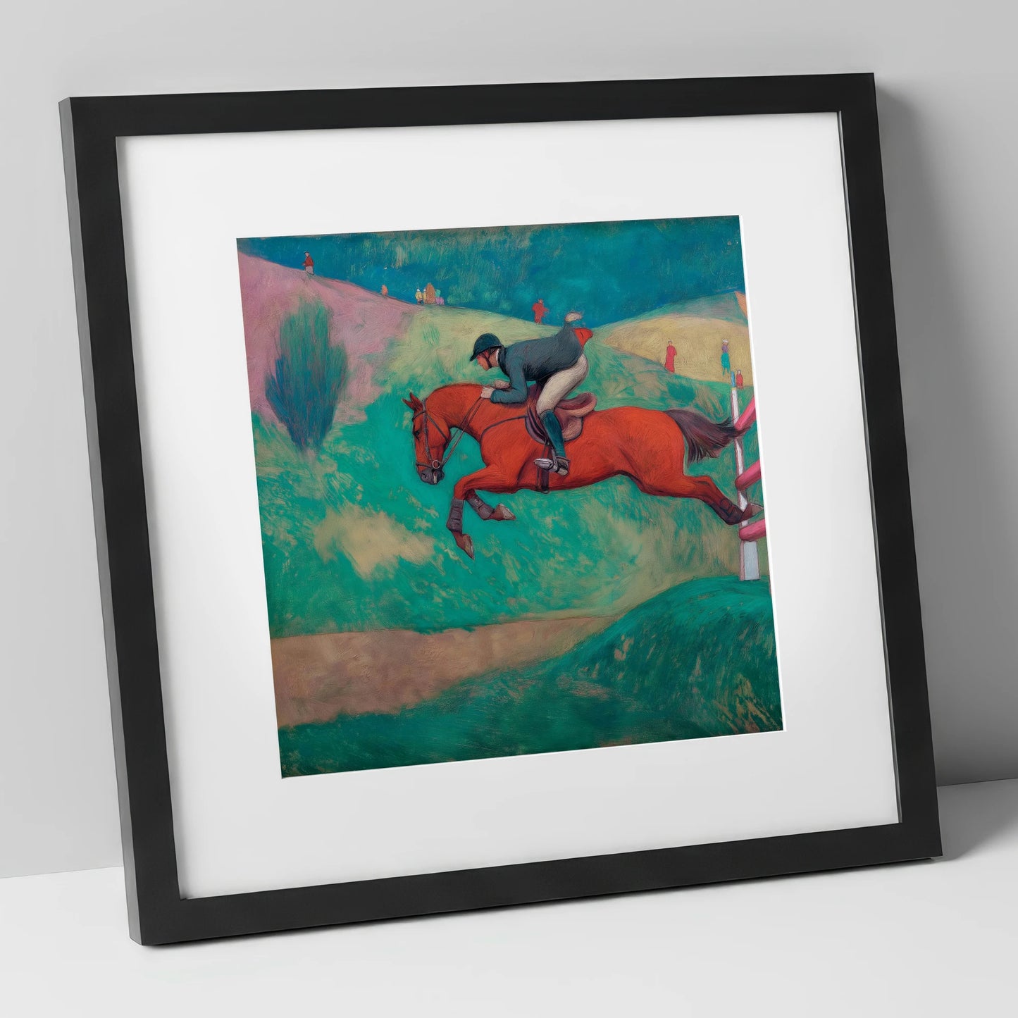 Flight Over Emerald Hills show jumping horse art print in black frame