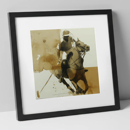 Sepia Polo Pursuit polo horse art print in black frame