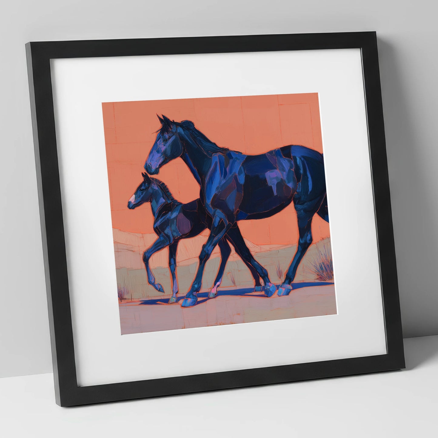 Bold Indigo Strides mare & foal art print in black frame