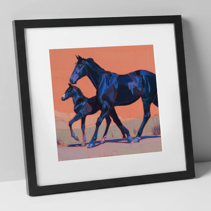 Bold Indigo Strides mare & foal art print in black frame