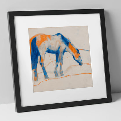 Vibrant Ultramarine Grazer horse portrait art print in black frame