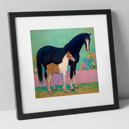 Midnight Dream Mare and Foal mare & foal art print in black frame
