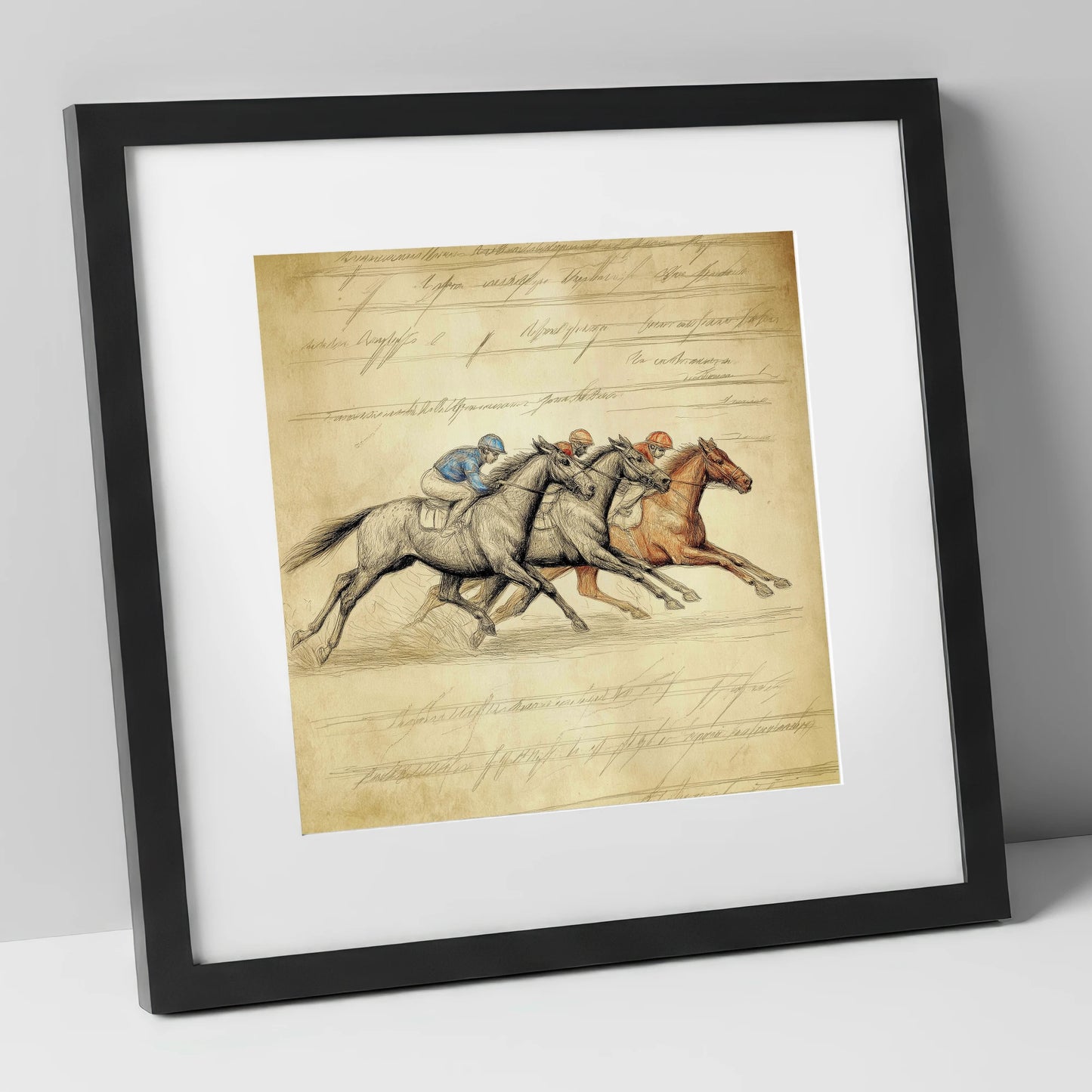 Vintage Thoroughbred Racing Study racing horse art print in black frame