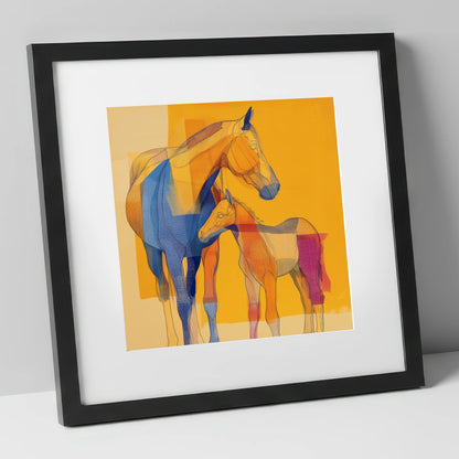 Vibrant Amber Kinship mare & foal art print in black frame