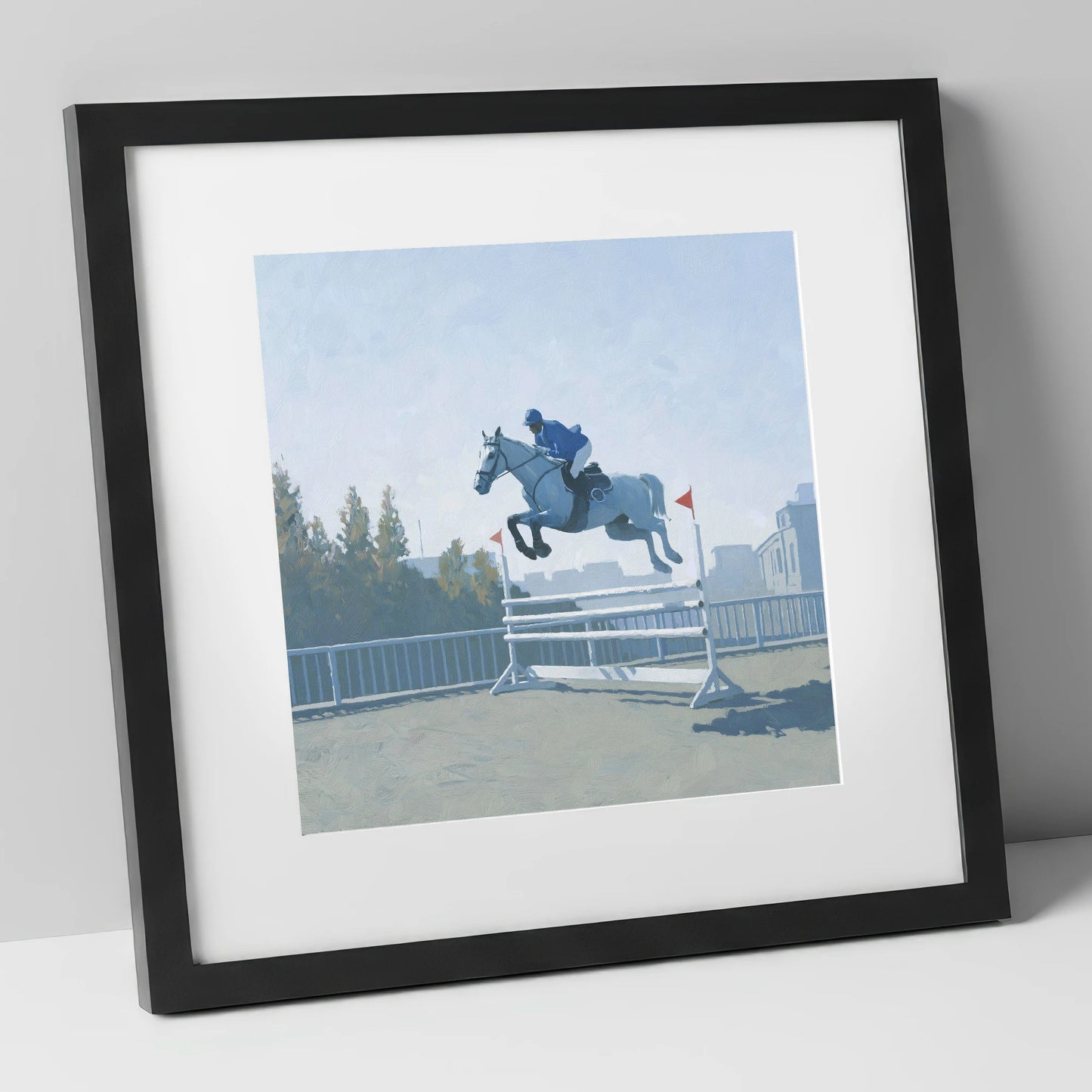Airborne in Blue show jumping horse art print in black frame