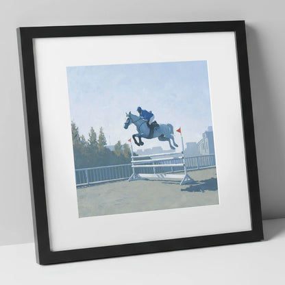 Airborne in Blue show jumping horse art print in black frame