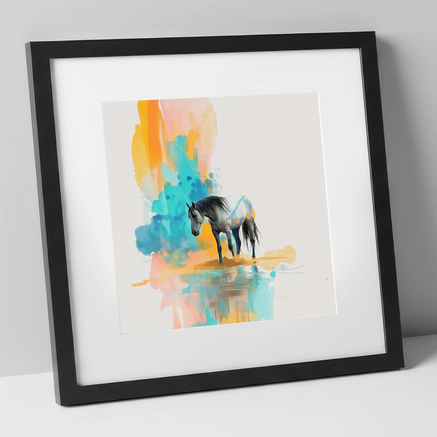Vibrant Grey Reflection horse portrait art print in black frame