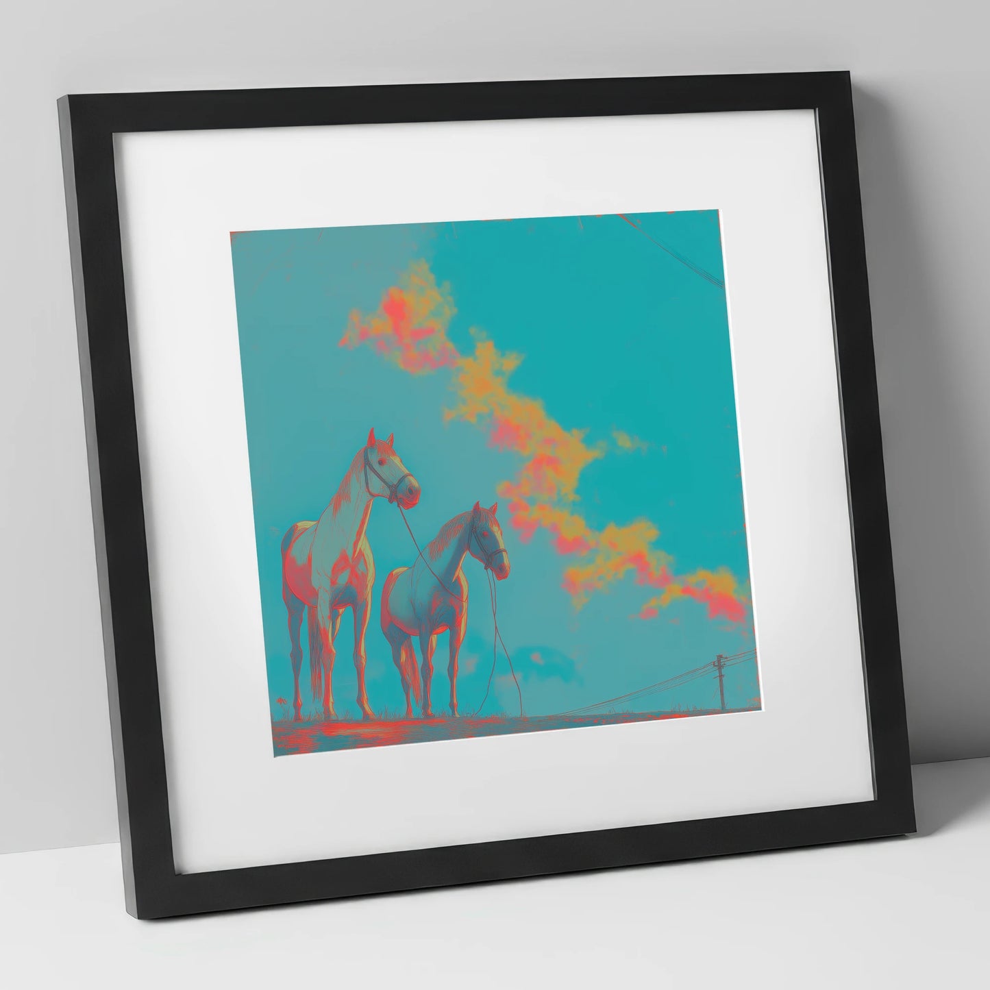 Electric Cyan Skies horse landscape art print in black frame