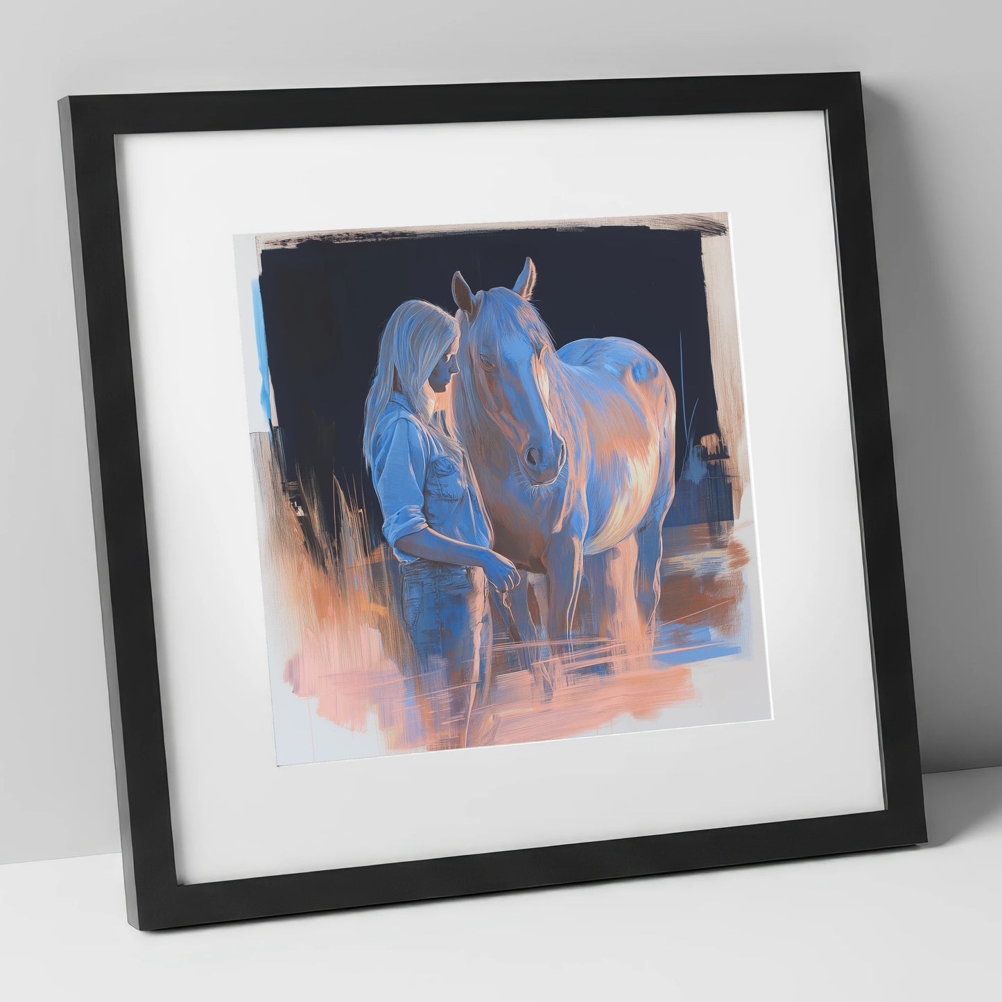 A Quiet Understanding horse & rider art print in black frame