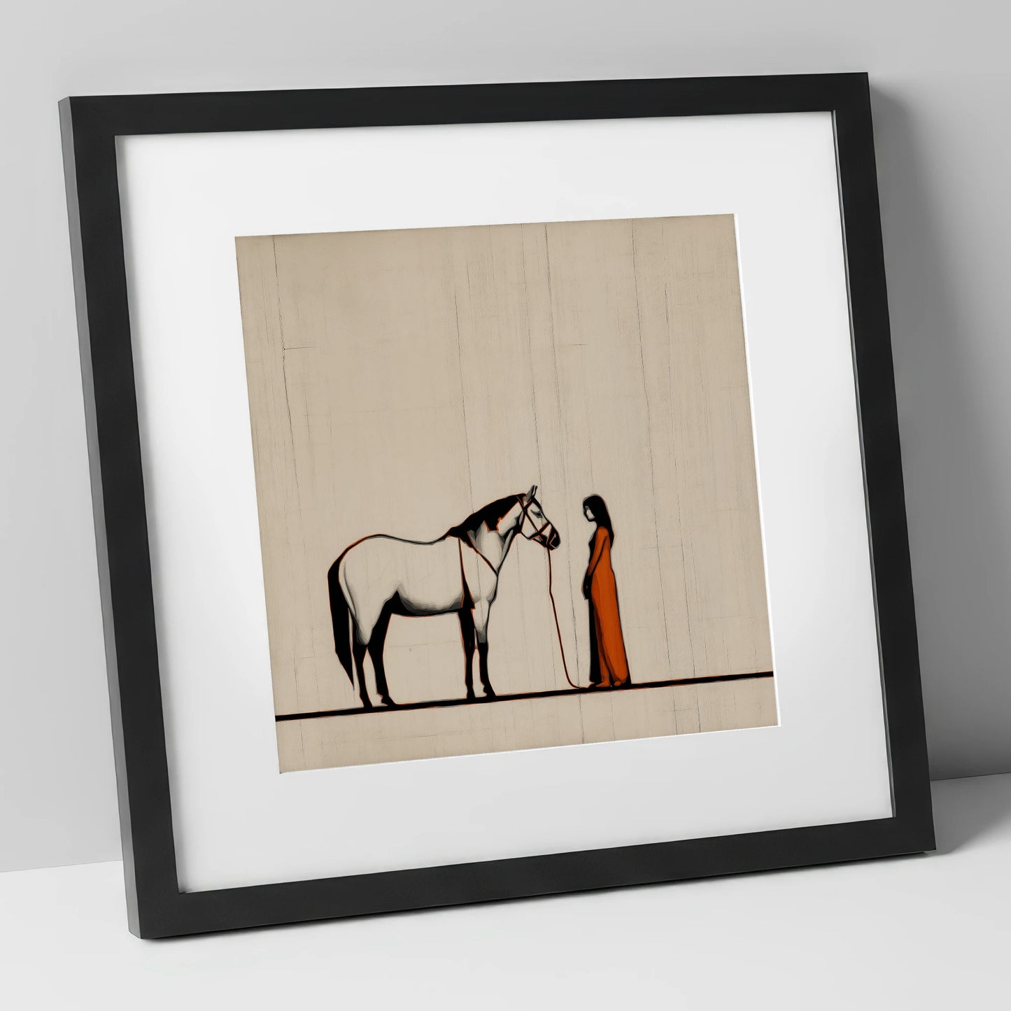 The Shared Silence horse & rider art print in black frame