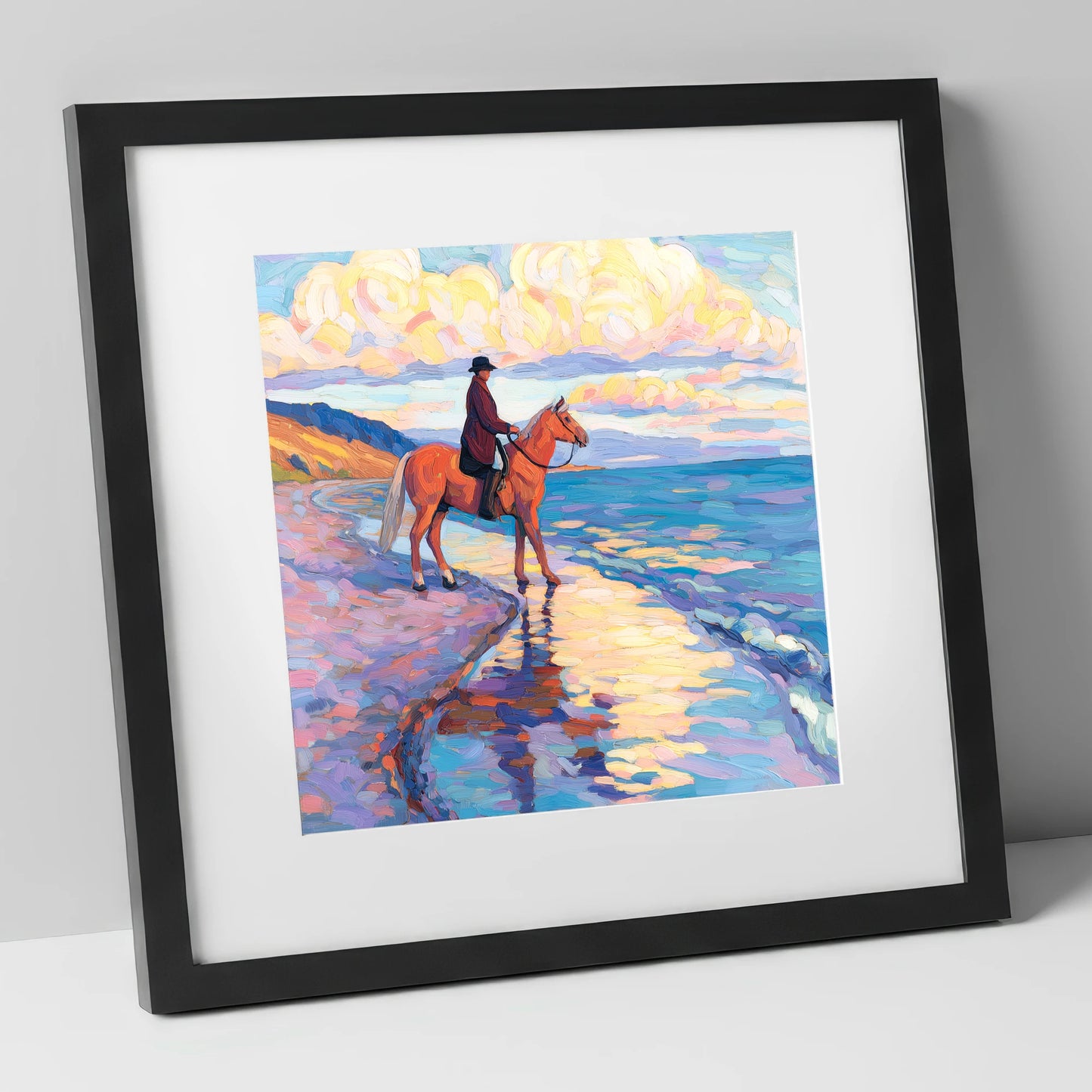 Sunset Coastal Reflections beach horse art print in black frame