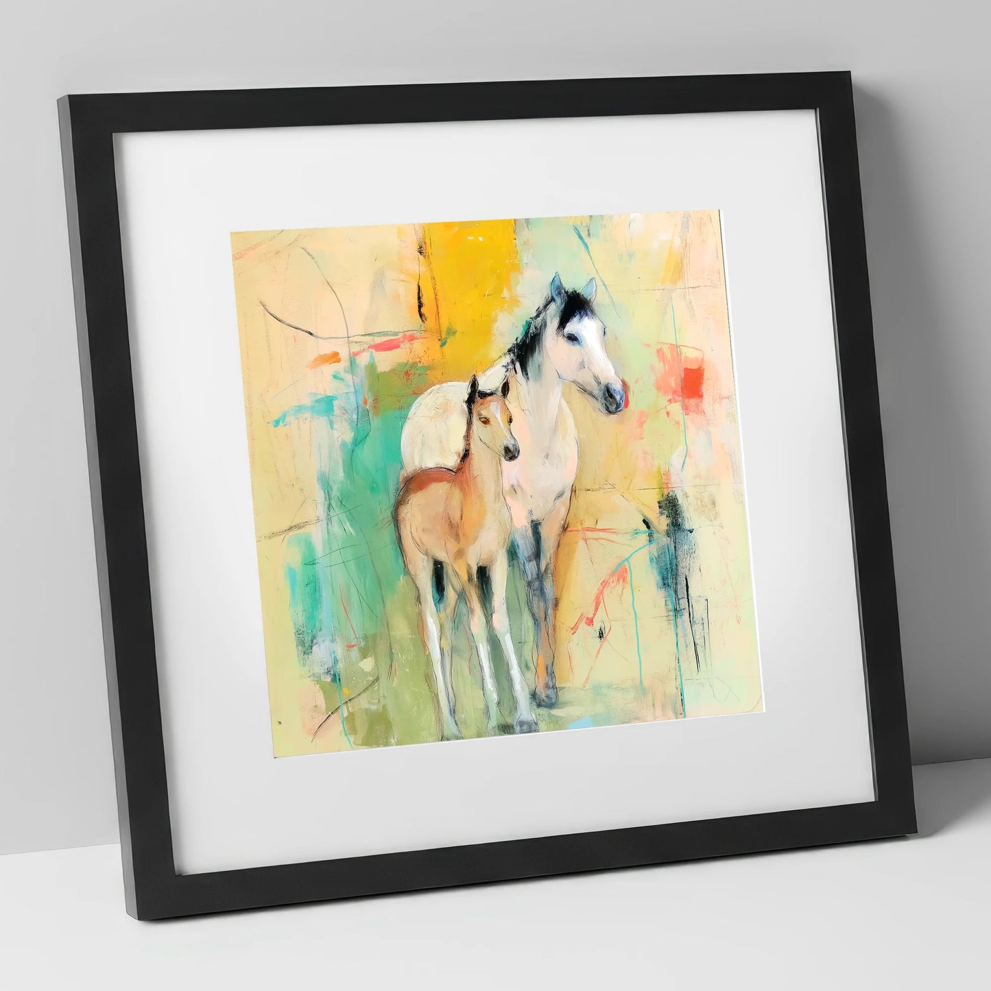 Gentle Guardianship mare & foal art print in black frame