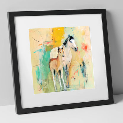 Gentle Guardianship mare & foal art print in black frame