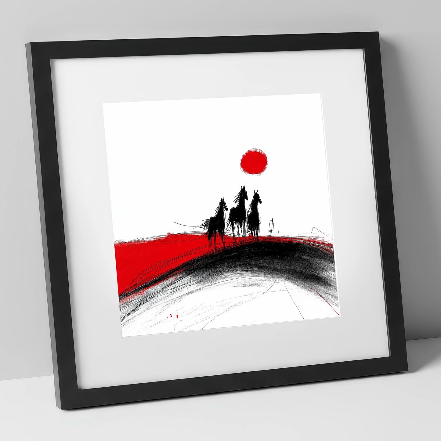 Crimson Sun Silhouettes horse landscape art print in black frame